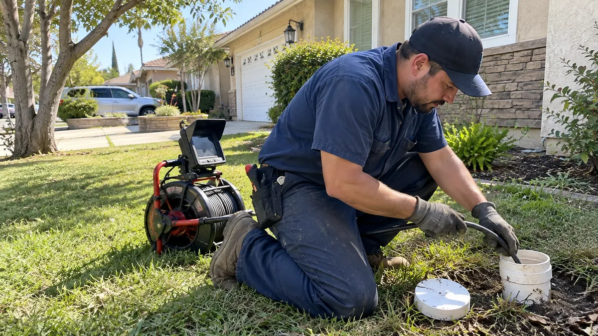 Sewer technician repairing a residential sewer line in Covina CA