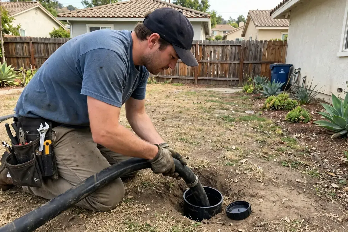 Hydro jetting nozzle cleaning a sewer pipe in Covina CA