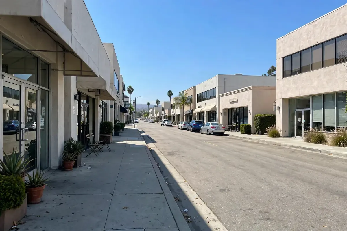 Commercial street with warehouses and retail buildings in City of Industry CA